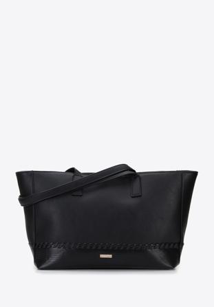 Faux leather shopper bag with stitch detail, black, 95-4Y-524-1, Photo 1