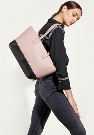 Faux leather shopper bag with stitch detail, pink-black, 95-4Y-524-P, Photo 1