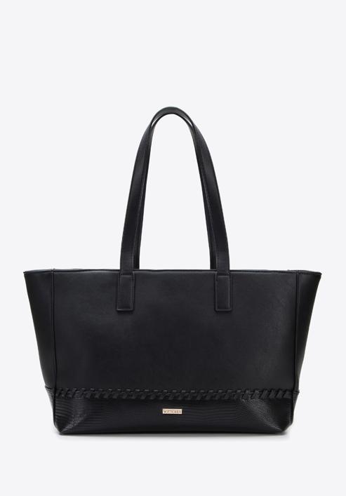 Faux leather shopper bag with stitch detail, black, 95-4Y-524-1, Photo 2