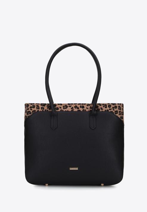 Shopper bag with animal print detail, black, 95-2Y-531-4, Photo 1