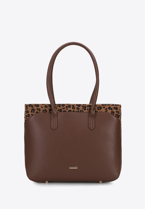 Shopper bag with animal print detail, brown, 95-2Y-531-1, Photo 1