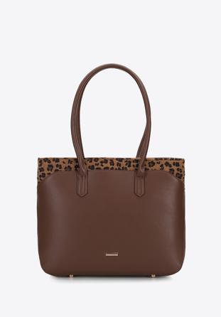 Shopper bag with animal print detail, brown, 95-2Y-531-4, Photo 1