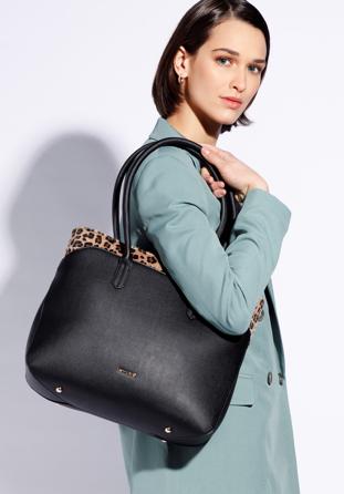 Shopper bag with animal print detail, black, 95-2Y-531-1, Photo 1