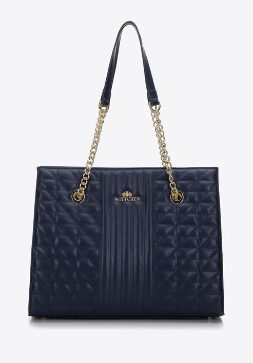 Quilted leather shopper bag, navy blue, 97-4E-629-3, Photo 2