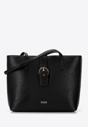 Faux leather shopper bag, black, 96-4Y-608-1, Photo 1