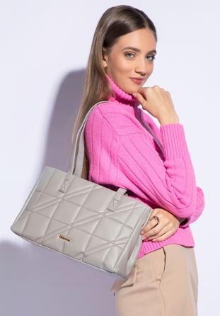 Faux leather quilted shopper bag, light grey, 95-4Y-047-8, Photo 1