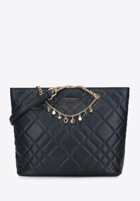 Faux leather shopper bag with decorative chain detail, black, 95-4Y-401-3, Photo 1