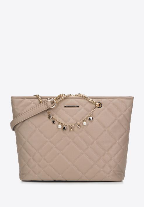 Faux leather shopper bag with decorative chain detail, beige, 95-4Y-401-3, Photo 1