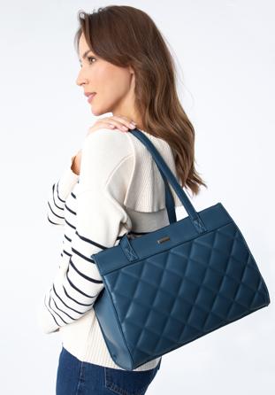 Quilted faux leather shopper bag, dark blue, 97-4Y-610-N, Photo 1