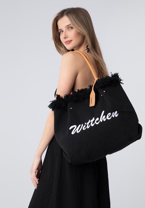 Large fringed woven shopper bag, black, 98-4Y-400-1, Photo 15