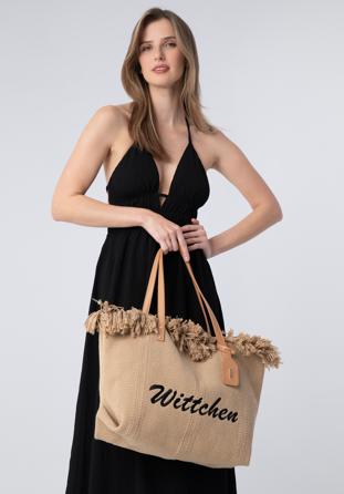 Large fringed woven shopper bag, beige, 98-4Y-400-9, Photo 1