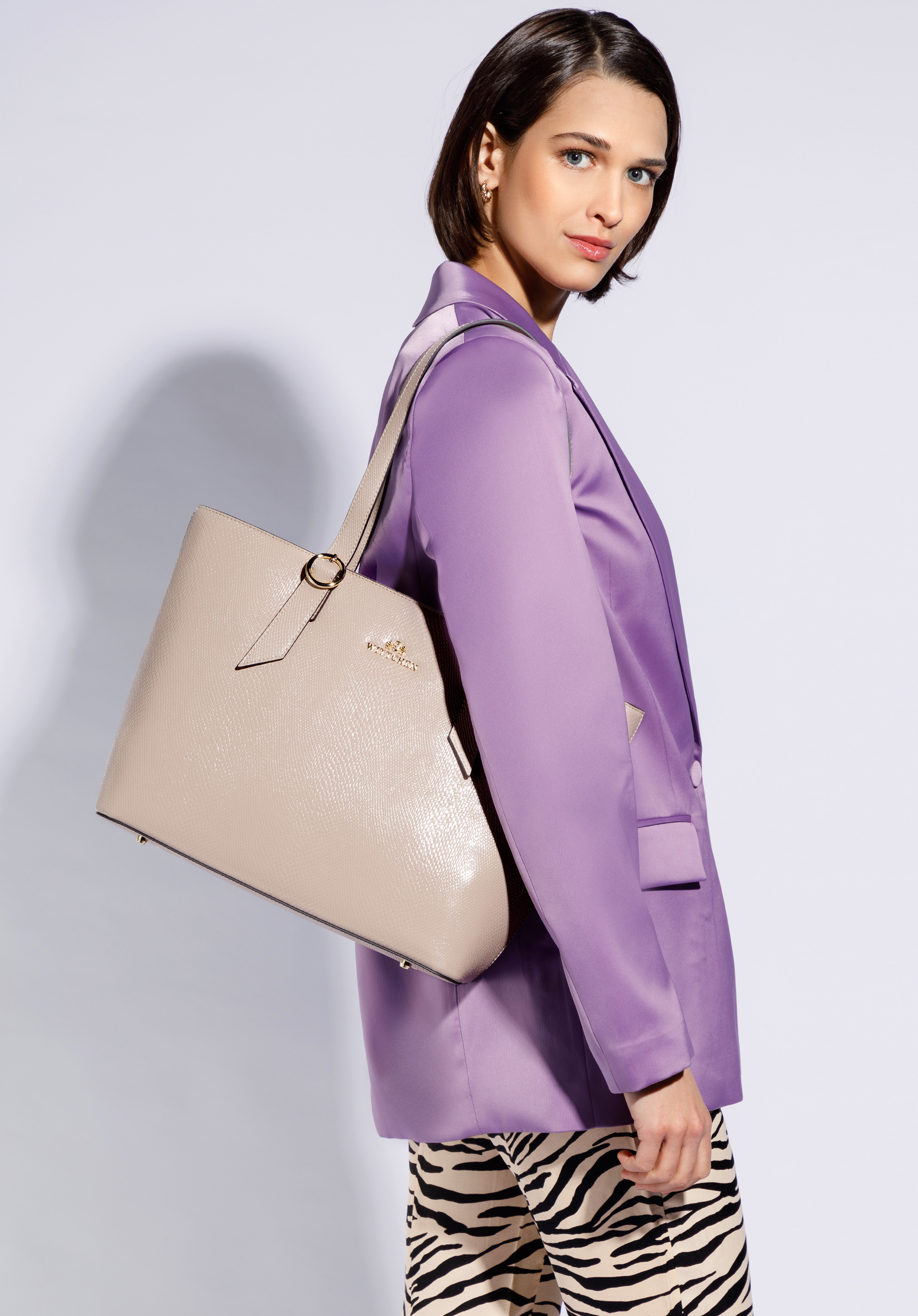 Lizard effect leather shopper bag, beige, 96-4E-634-9, Photo 1