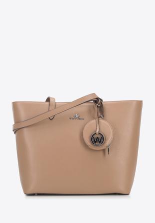 Leather shopper bag with a small pouch and a keyring, beige, 95-4E-613-9, Photo 1