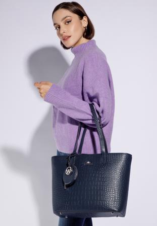 Leather shopper bag with a small pouch and a keyring, navy blue, 95-4E-613-N, Photo 1