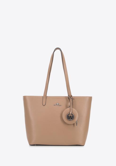 Leather shopper bag with a small pouch and a keyring, beige, 95-4E-613-N, Photo 2