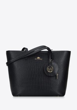 Animal-embossed leather winged shopper bag, black-gold, 95-4E-612-1C, Photo 1