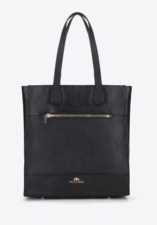 Large saffiano-textured leather shopper bag, black, 96-4E-004-1, Photo 1
