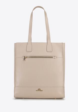 Large saffiano-textured leather shopper bag, beige, 96-4E-004-9, Photo 1