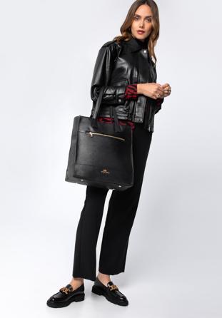 Large saffiano-textured leather shopper bag, black, 96-4E-004-1, Photo 1