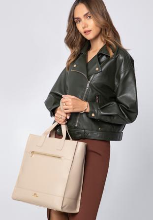 Large saffiano-textured leather shopper bag, beige, 96-4E-004-9, Photo 1