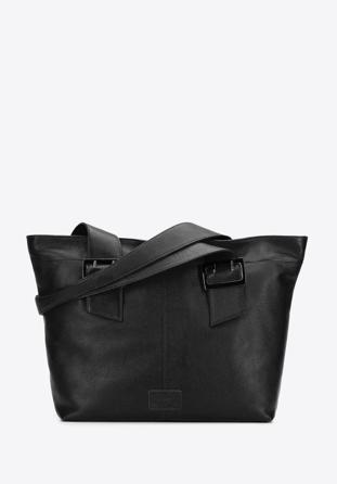 Leather winged shopper bag, black, 95-4E-014-1, Photo 1