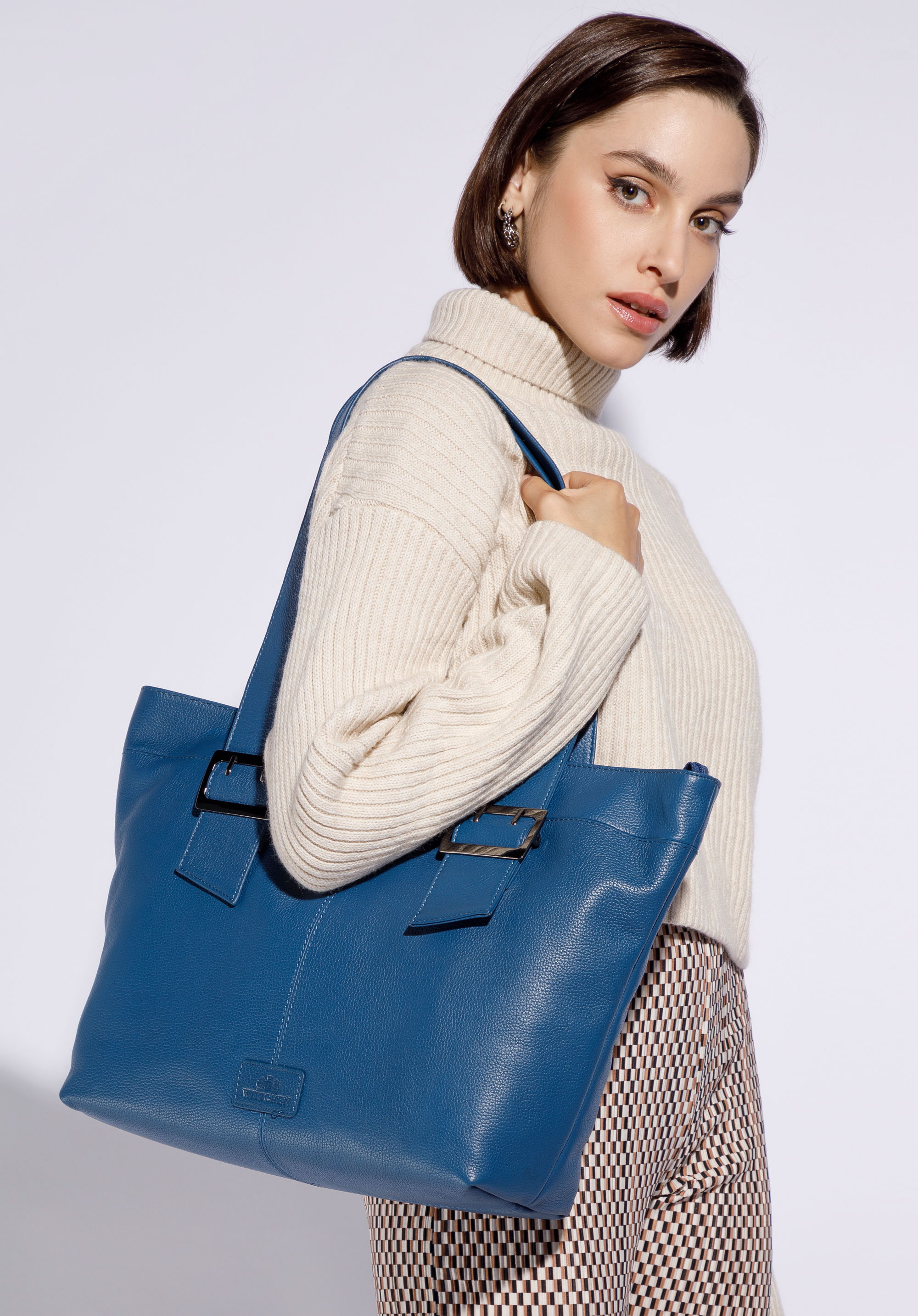 Leather winged shopper bag, blue, 95-4E-014-N, Photo 1