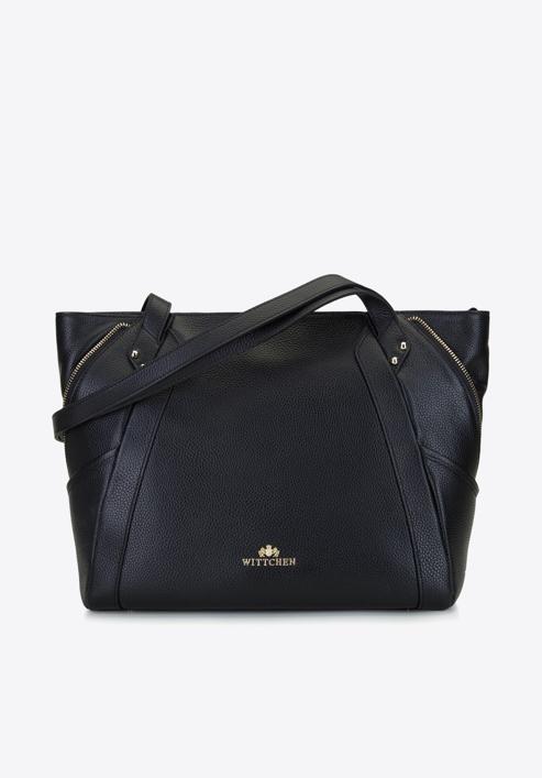 Leather shopper bag with decorative zip detail, black-gold, 92-4E-646-1, Photo 1