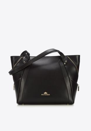Leather shopper bag with decorative zip detail, black, 92-4E-646-10, Photo 1