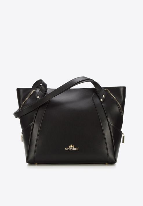 Leather shopper bag with decorative zip detail, black, 92-4E-646-90, Photo 1