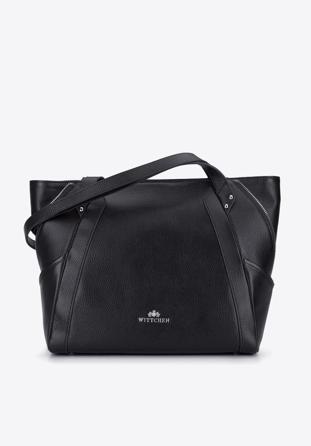 Leather shopper bag with decorative zip detail, black-silver, 92-4E-646-1S, Photo 1