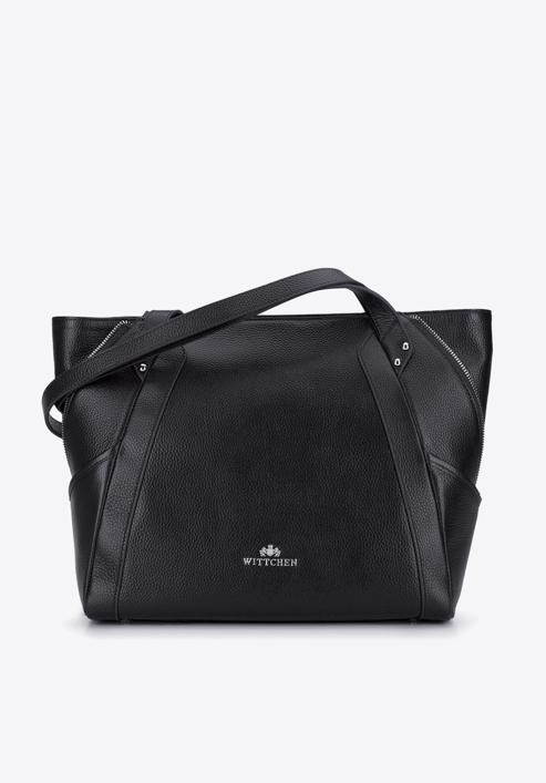 Leather shopper bag with decorative zip detail, black-silver, 92-4E-646-1, Photo 1