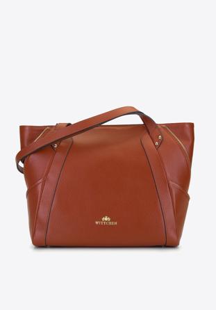 Leather shopper bag with decorative zip detail, cognac, 92-4E-646-5, Photo 1