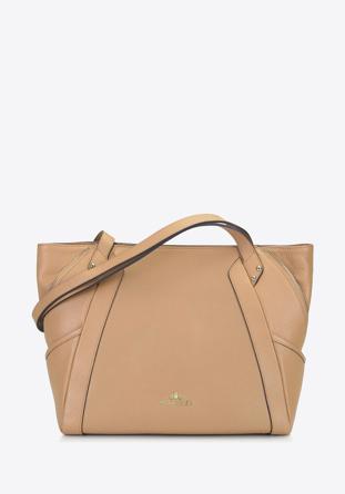 Leather shopper bag with decorative zip detail, beige, 92-4E-646-9, Photo 1