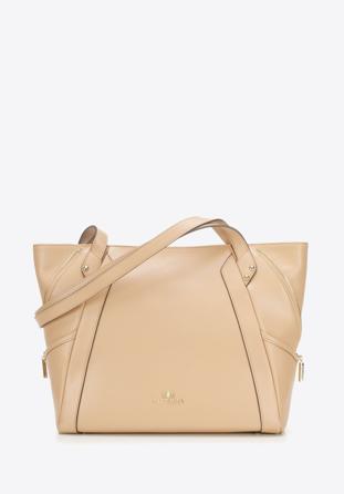 Leather shopper bag with decorative zip detail, light beige, 92-4E-646-90, Photo 1