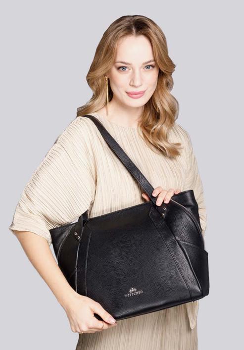 Leather shopper bag with decorative zip detail, black-gold, 92-4E-646-9, Photo 10