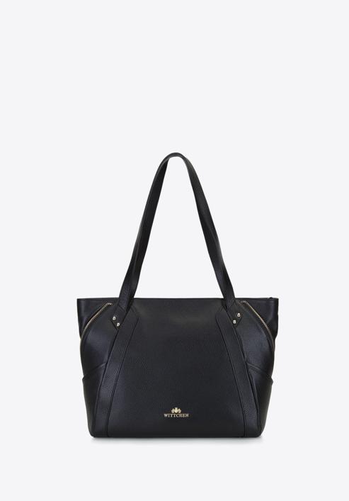 Leather shopper bag with decorative zip detail, black-gold, 92-4E-646-9, Photo 2