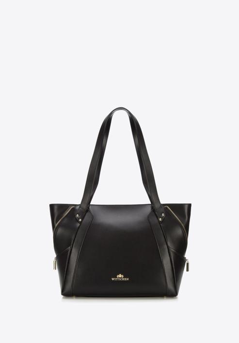 Leather shopper bag with decorative zip detail, black, 92-4E-646-90, Photo 2