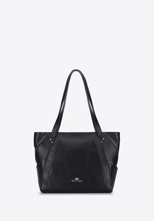 Leather shopper bag with decorative zip detail, black-silver, 92-4E-646-90, Photo 2