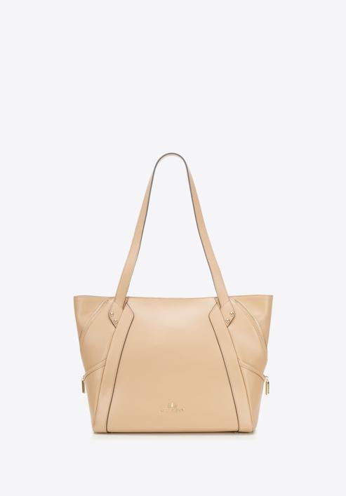Leather shopper bag with decorative zip detail, light beige, 92-4E-646-9, Photo 2