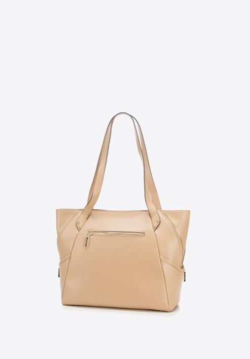 Leather shopper bag with decorative zip detail, light beige, 92-4E-646-9, Photo 3