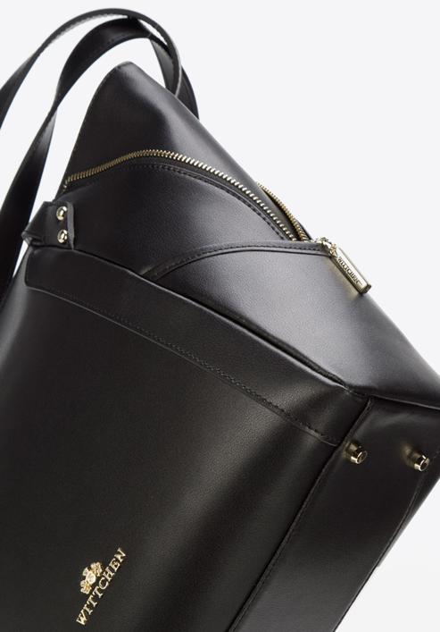 Leather shopper bag with decorative zip detail, black, 92-4E-646-90, Photo 6