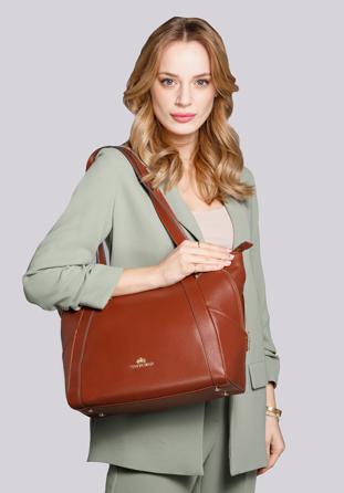 Leather shopper bag with decorative zip detail, cognac, 92-4E-646-5, Photo 1