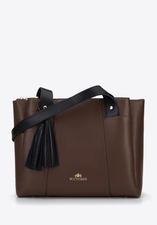 Leather shopper bag with tassel detail, brown, 96-4E-615-9, Photo 1