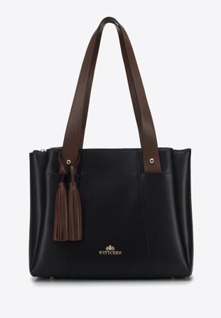 Leather shopper bag with tassel detail, black, 96-4E-615-1, Photo 1