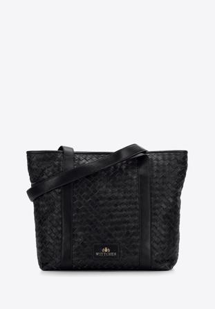 Woven leather shopper bag, black, 97-4E-512-1, Photo 1