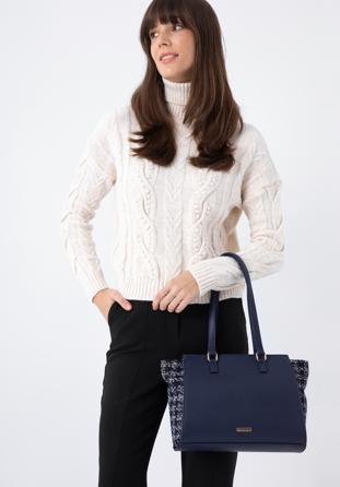 Shopper bag with boucle detail, navy blue, 97-4Y-750-N, Photo 1