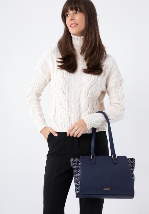 Shopper bag with boucle detail, navy blue, 97-4Y-750-1, Photo 15