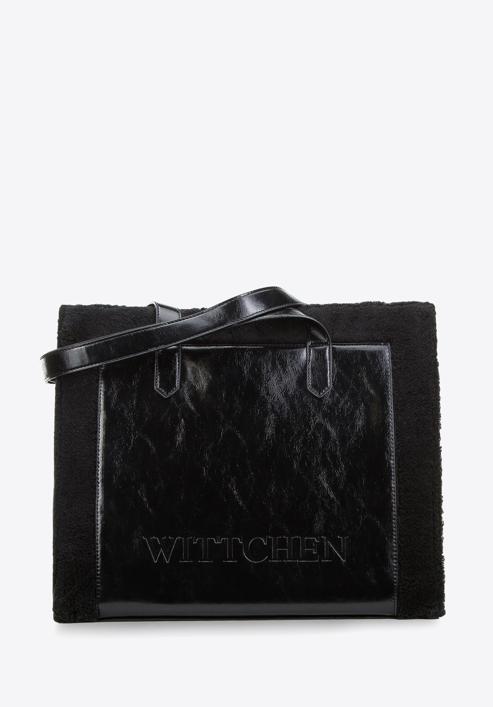 Shopper bag with teddy faux fur detail, black, 97-4Y-250-1, Photo 1