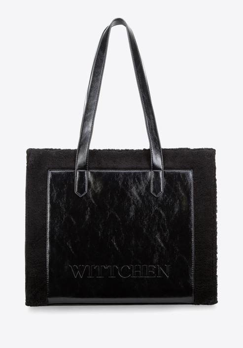 Shopper bag with teddy faux fur detail, black, 97-4Y-250-1, Photo 2