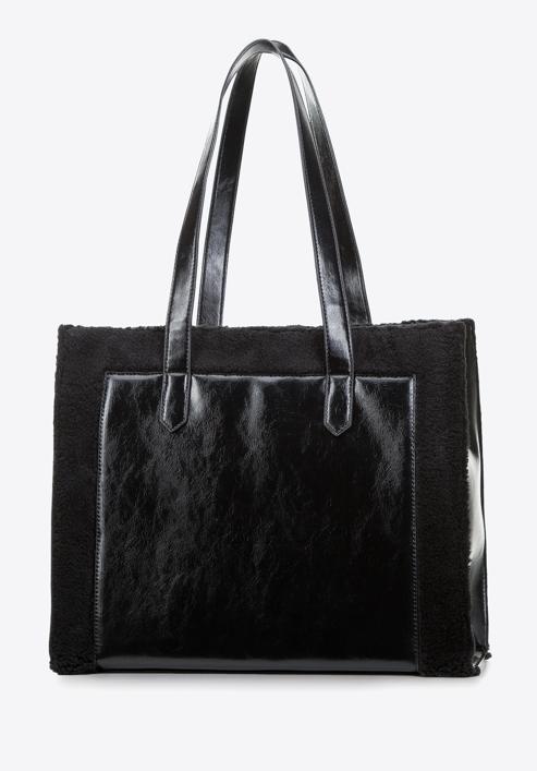 Shopper bag with teddy faux fur detail, black, 97-4Y-250-1, Photo 3